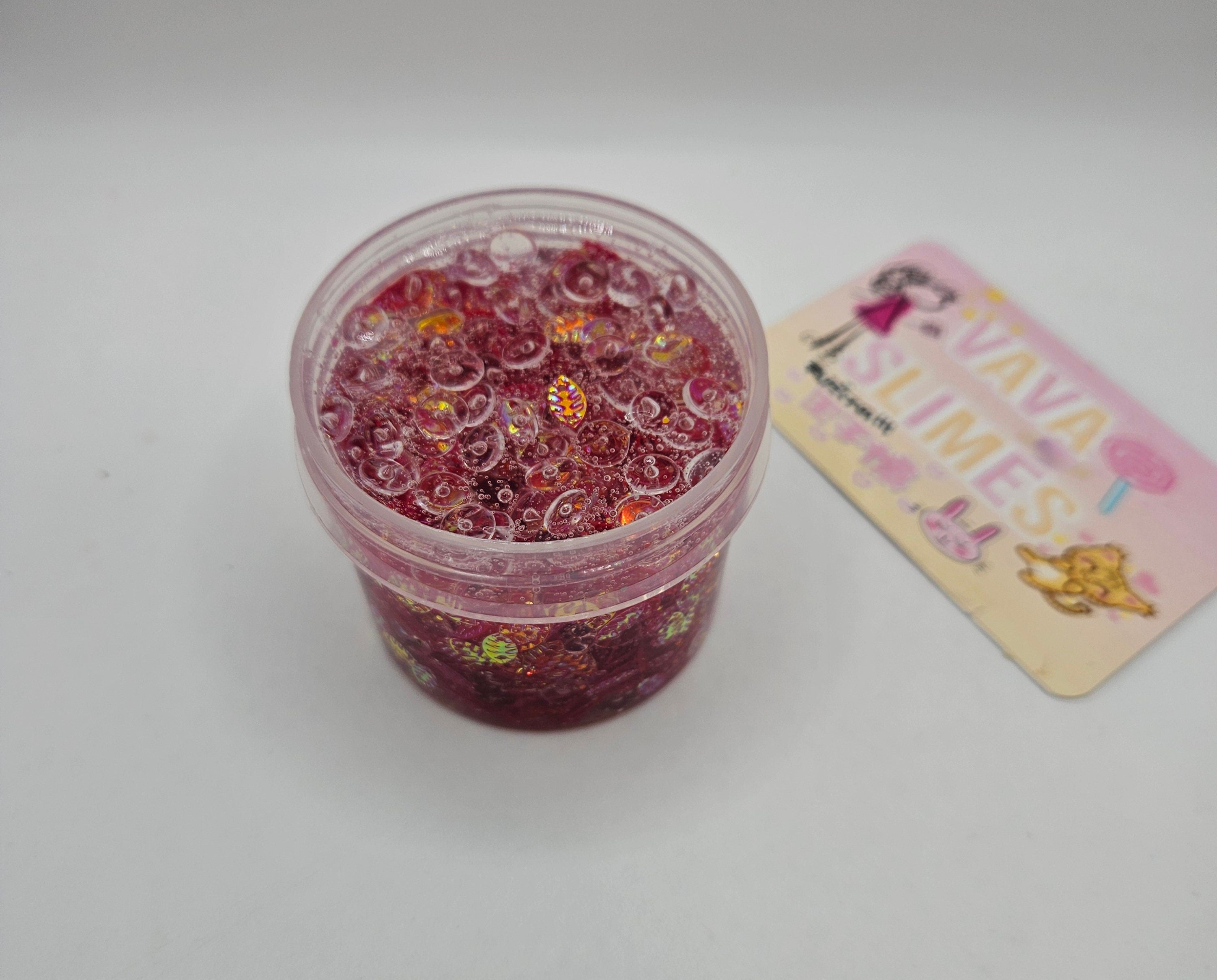 Rachel - Clear fishbowl bead and red iridescent leaf sequin crunch bomb slime - Sensory Play - Sensory Toy